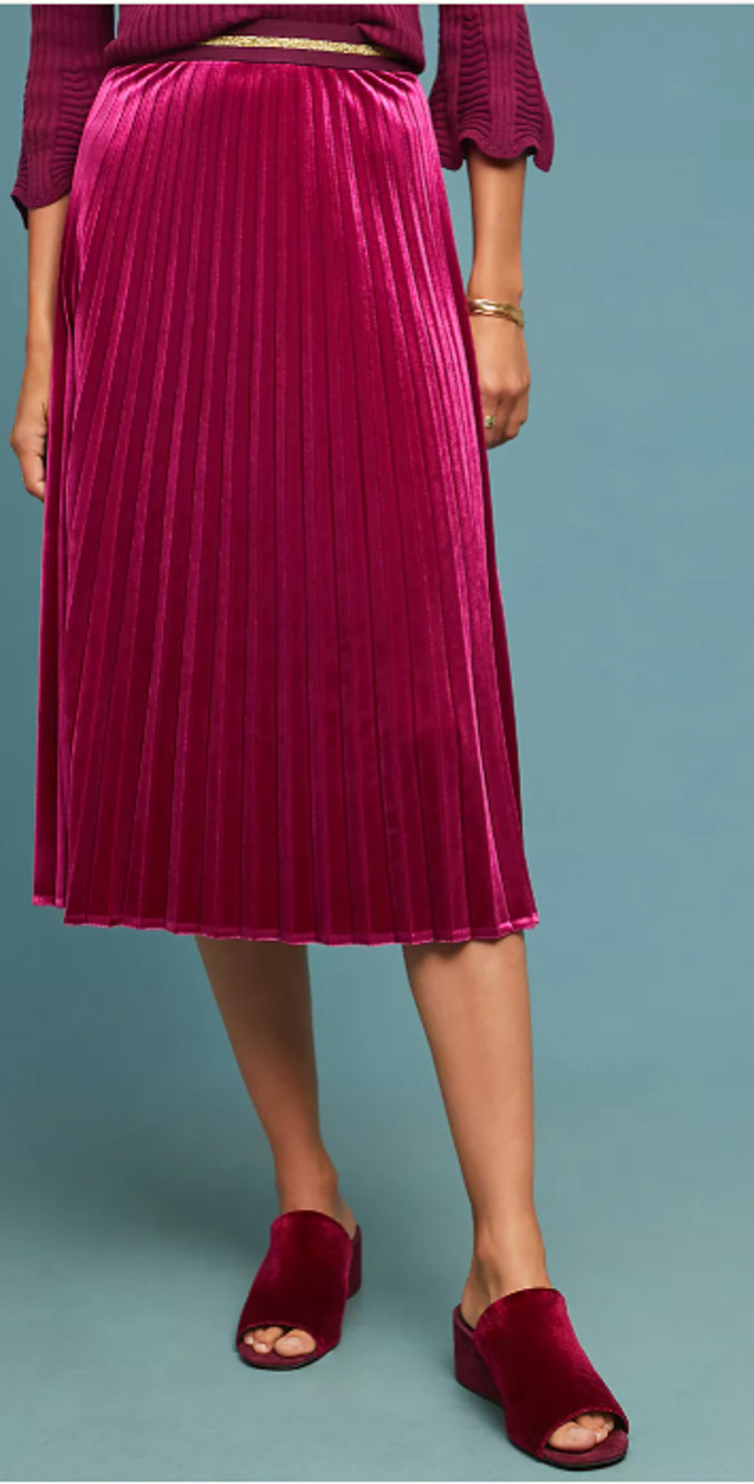 Anthropologie Maeve Pleated Velvet Skirt Womens XL Fuchsia Midi Pull On Festive